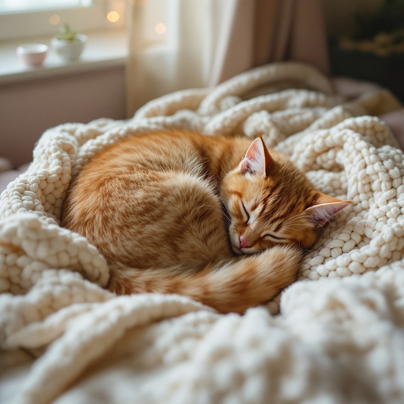 A ginger cat curled up asleep on a cozy cream blanket