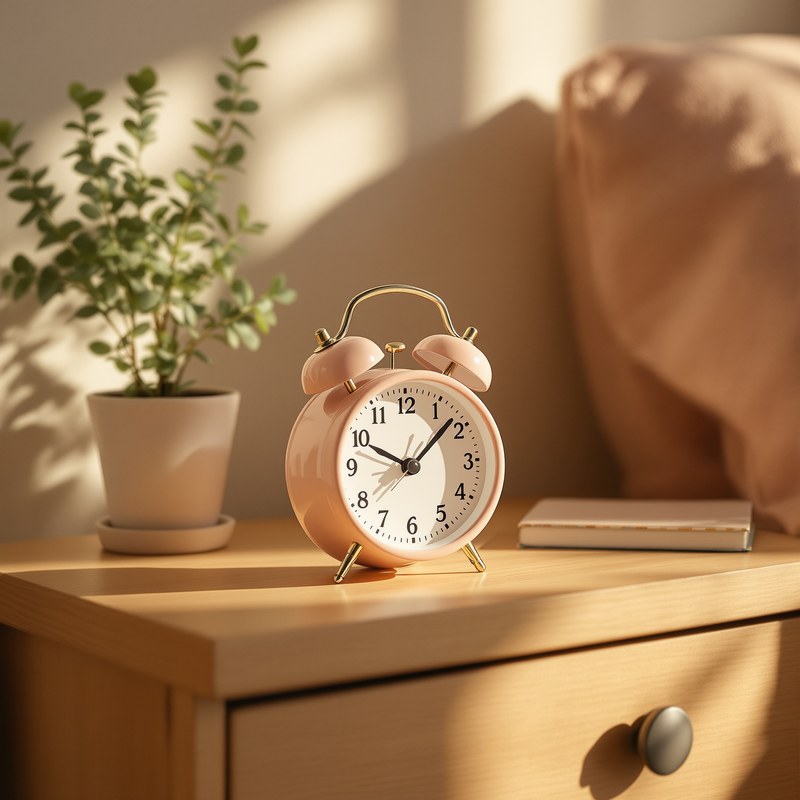 A cozy retro alarm clock on a wooden nightstand in soft morning light