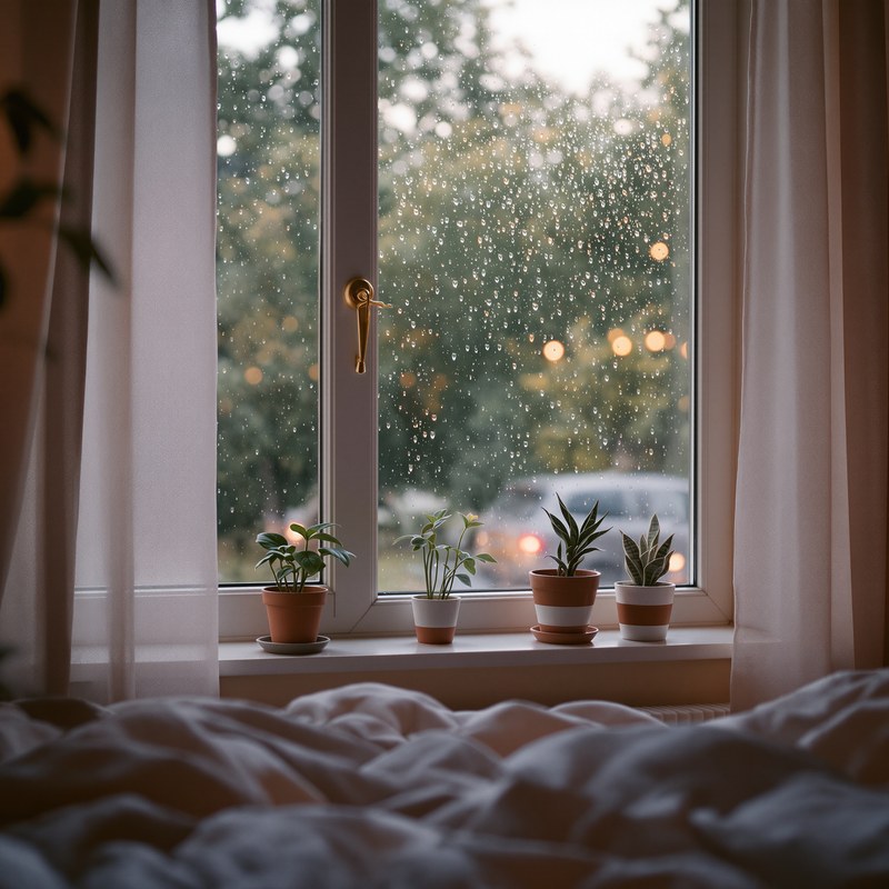 A cozy bedroom window with rain droplets and soft morning light